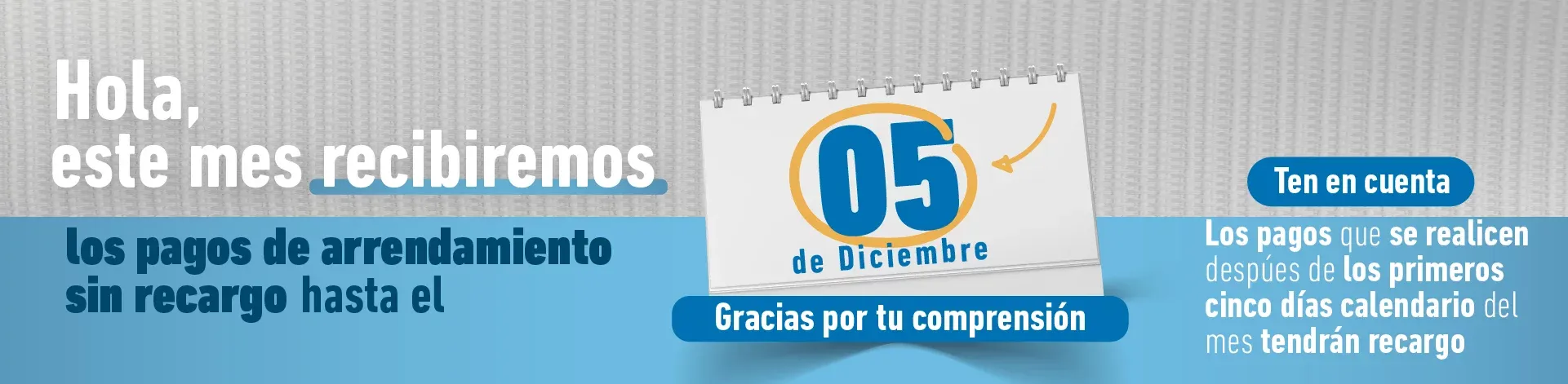 An announcement indicating rent payments are due by December 5th without surcharge.